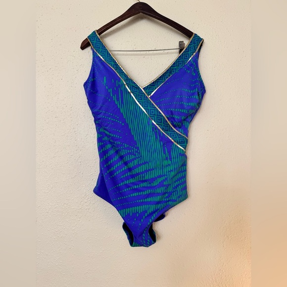 Gottex | One Piece Blue Green Gold Padded Tropical Swimsuit - Size 16 - Picture 1 of 3